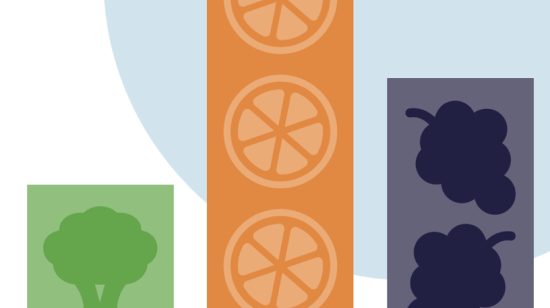 Graphics with fruit and vegetable cross sections in bar charts