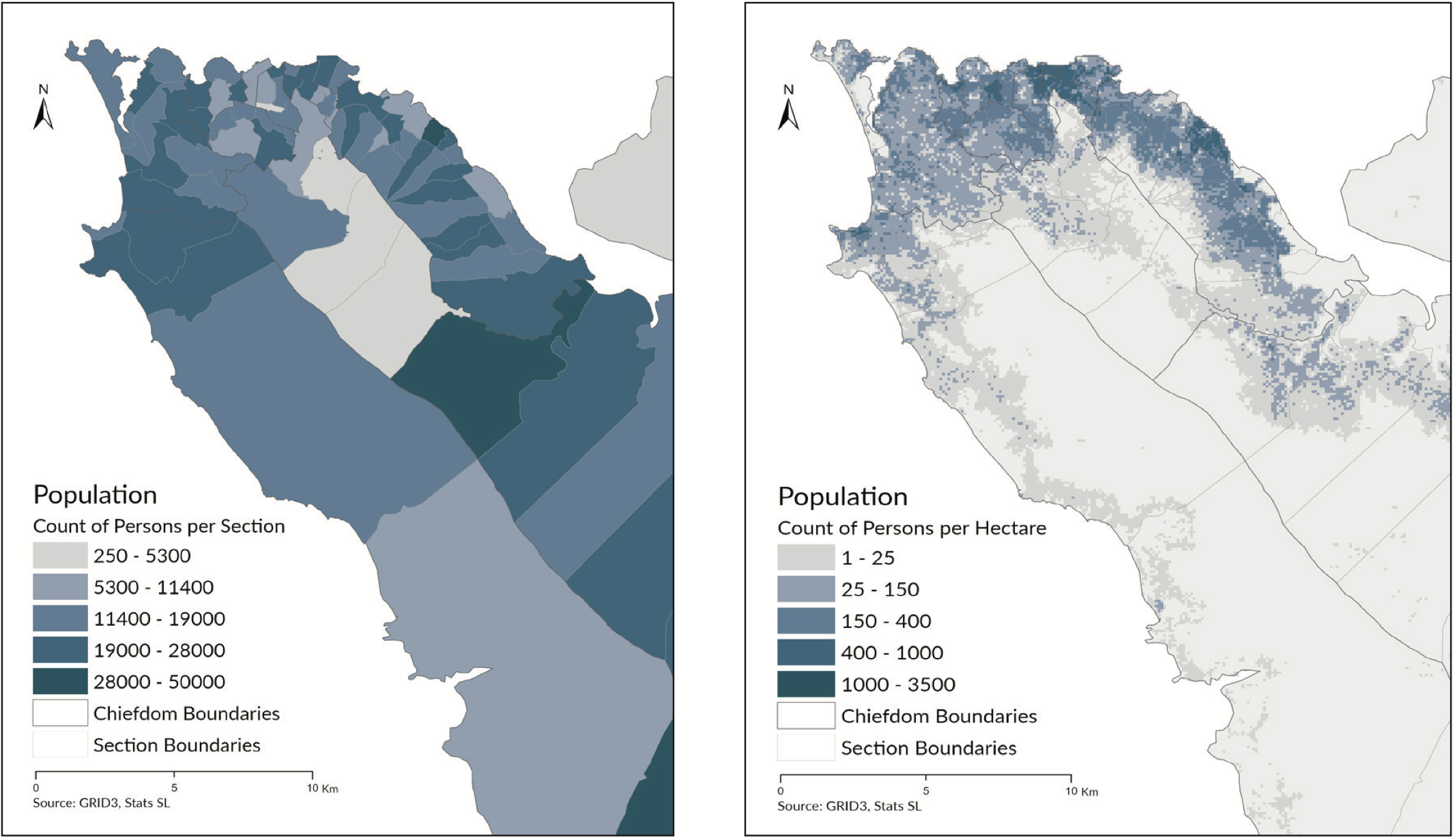 On the right, GRID3 population estimates show how many people live within any given hectare across the Freetown area. On the left, population counts are divided per administrative unit.