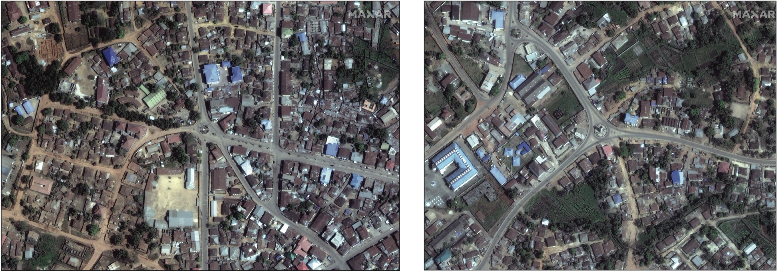 Maxar’s GeoEye-1 satellite captured these images of Bo, Sierra Leone on Jan. 4, 2020. The image on the left shows the town’s Clock Tower in the middle of the roundabout.