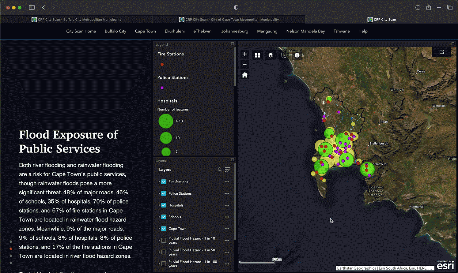 Interactive visualization of flood exposure of public services.