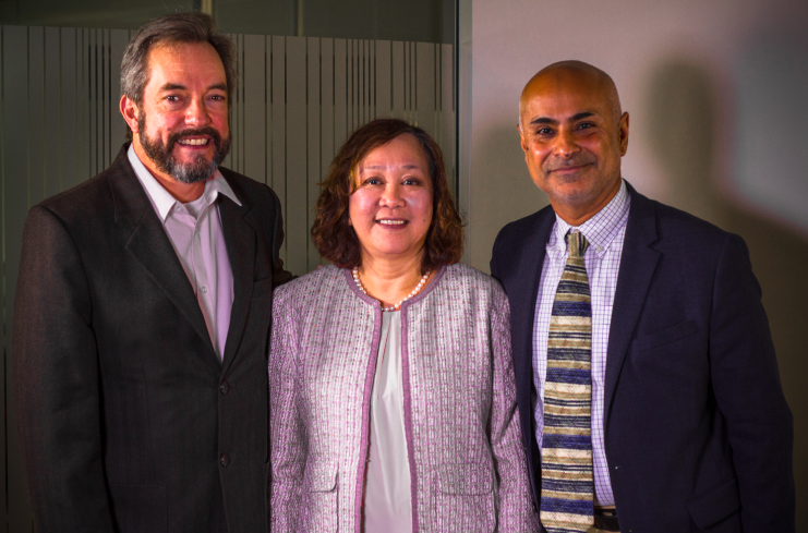 Mauricio Perfetti del Corral, director of Colombia's National Administrative Department of Statistics, Lisa Grace Bersales, first national statistician of the Philippine Statistics Authority, and Sanjeev Khagram, coordinator of the Global Partnership for Sustainable Development Data, on the fringes of meetings at the Chamber of Commerce in Bogota.