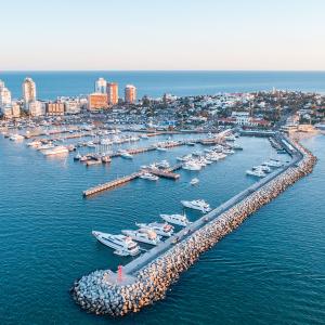 An aerial view of sunset over Punta Del Este harbor in Uruguay