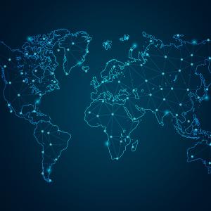 A blue graphical illustration of the world map, with lines joining dots across the countries