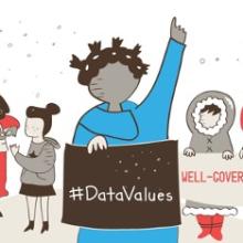 Brown, blue, and red illustration of people holding up signs that say "Data Values."