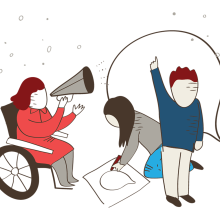 Illustration for the Data Values Project. A person in a wheelchair holds a megaphone. Another person is making a banner. A third person is raising their hand.