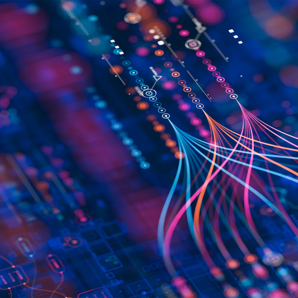 Illustration: Blue, orange and pink dots and lines on a dark blue background to visualize data