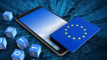 3d illustration of mobile phone over digital background with binary cubes and EU flag
