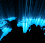 Map with glowing continents, Africa at the center, on a black background.