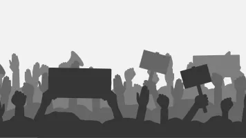 Illustration of people holding signs in black and white. 