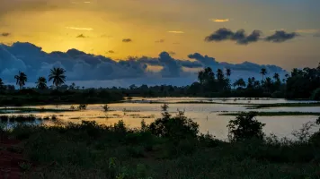 Sunset image with trees and a lake in the foreground and mountains and clouds in the background.