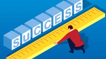 Illustration of small person measuring building blocks reading "success" with a large ruler