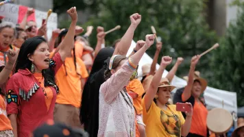 Indigenous activists at a rally in Vancouver, Canada, in protest against the Canadian residential school system. Credit: Blake Elliott / Shutterstock