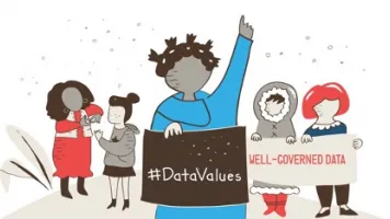 Illustrated people holding signs saying "Data Values."