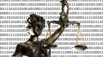 Binary code overlayed with a bronze state holding the scales of justice