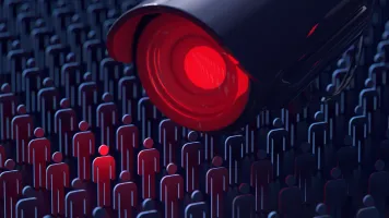 Illustration of a giant camera that's zooming in on a person in a crowd.