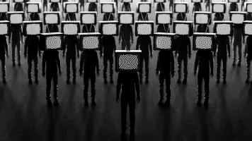 Black and white image of a crowd of people facing forward with TVs over their heads.