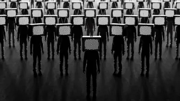 Black and white image of a crowd of people facing forward with TVs over their heads.