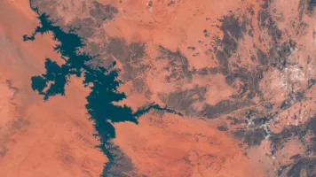 Lake Nasser in southern Egypt aerial view of lake from satellite imagery. Credit: aricancaner/Shutterstock