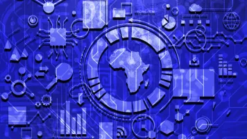 Graphic design with tech and data elements elevated over a dark blue background, with African continent at the center