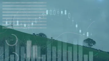 Image of wind turbines moving in countryside and stock exchange graph increasing and decreasing. Global environmental issues and development concept digitally generated image.