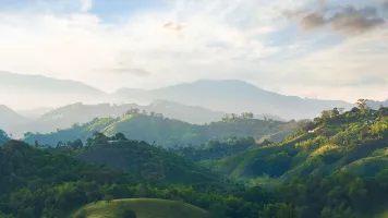 A landscape photo of the mountains and coffee growing area in Colombia