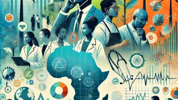 A vibrant and impactful banner featuring Black individuals collaborating on climate action and health initiatives, blended with elements of data visual