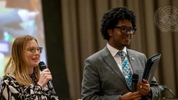 Shannon Lisa (left), Global Focal Point of the Major Group for Children and Youth: Chemicals and Waste Youth Platform, and Nahjae Nunes (right), UNICEF Youth Foresight Fellow and Commonwealth Youth Council Policy and Advocacy Chair, speak during the Summit of the Future Action Day One session titled '#YouthLead: Strategic foresight in climate and sustainability'.