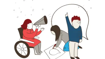 Illustration for the Data Values Project. A person in a wheelchair holds a megaphone. Another person is making a banner. A third person is raising their hand.