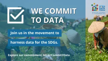 Commit to data image with text and people working gathering tea leaves