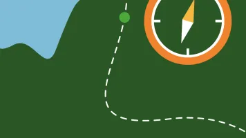 An illustration of a compass on top of a geographical map of a coastline. Along the land is a dotted line representing a pathway or route