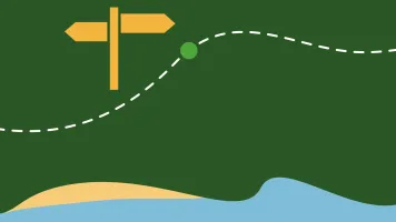 An illustration of an aerial view of a coastline, with a roadsign on the land, and a dotted line to represent a pathway.