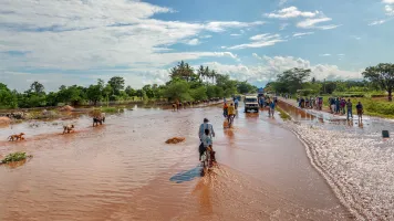 MANYARA, TANZANIA - NOVEMBER 28, 2011: The catastrophic debris flow destroyed a road between national parks Manyara and Ngorongoro. Car traffic was restored on the same day, Tanzania, East Africa