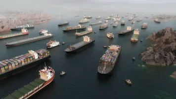  Cargo vessels congestion blocking maritime traffic in the Strait of Hormuz, tankers and container cargo ships clustered. Strategic maritime chokepoint linking the Persian Gulf and and Gulf of Oman 3D By Corona Borealis 