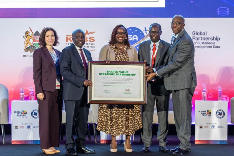 Partners celebrate the announcement of the Safaricom-KNBS data sharing partnership at Global Data Festival and Kenya Space Expo & Conference 2026