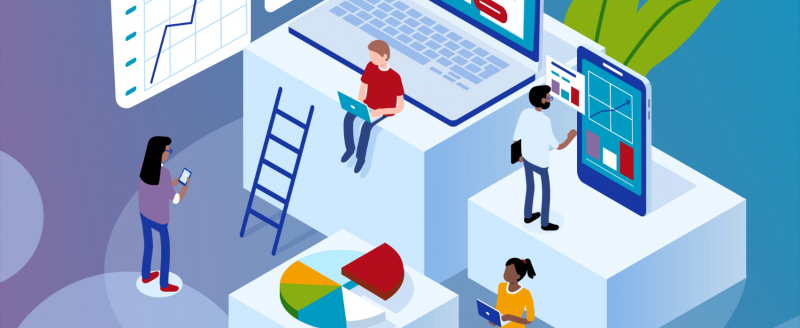 Graphic illustration of four people working on data collection and analysis