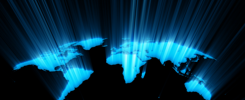 Map with glowing continents, Africa at the center, on a black background.
