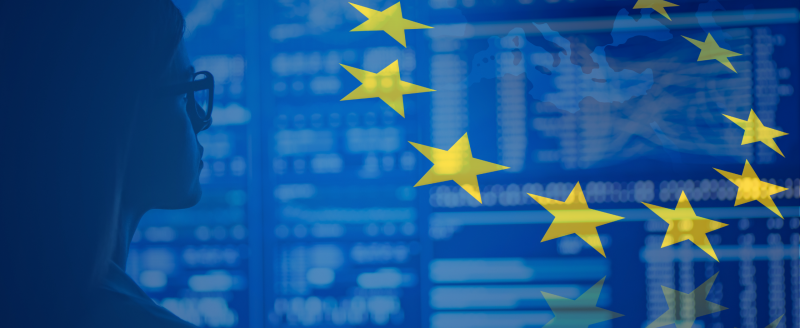 EU flag and map superimposed on photo of woman staring at data on a large screen.