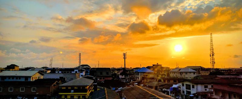 Neighborhood skyline at sunset, Lagos, Nigeria, 2019.
