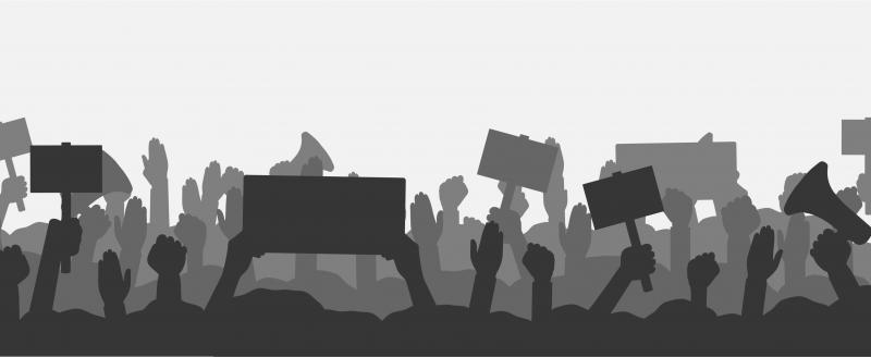 Illustration of people holding signs in black and white.