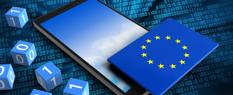 3d illustration of mobile phone over digital background with binary cubes and EU flag