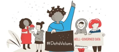 Illustrated people holding signs saying "Data Values." 
