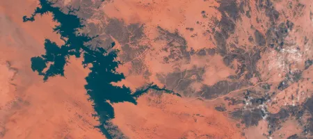 Lake Nasser in southern Egypt aerial view of lake from satellite imagery. Credit: aricancaner/Shutterstock