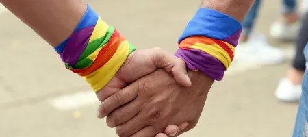 pareja gay cogidos de la mano paseando. Primer plano de pareja de la comunidad LGBT. Bandera del arco iris