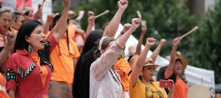 Indigenous activists at a rally in Vancouver, Canada, in protest against the Canadian residential school system. Credit: Blake Elliott : Shutterstock
