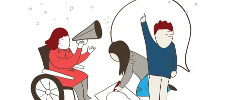 Illustration for the Data Values Project. A person in a wheelchair holds a megaphone. Another person is making a banner. A third person is raising their hand.