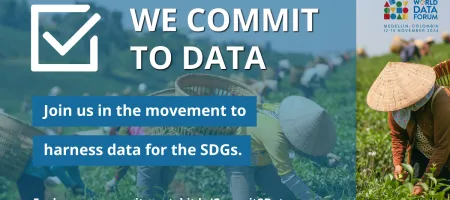 Commit to data image with text and people working gathering tea leaves