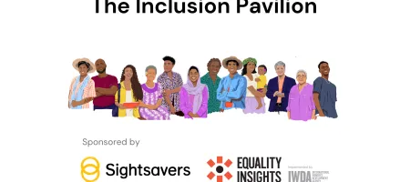 Promotional banner for the Inclusion Pavilion, with illustrations of people 