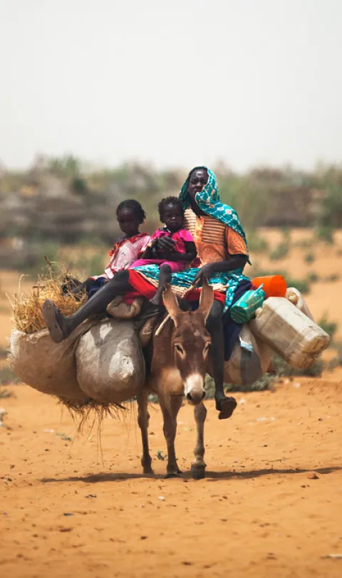A woman with her children rides a donkey around a new settlement in Zam Zam camp for Internally Displaced People (IDP), North Darfur