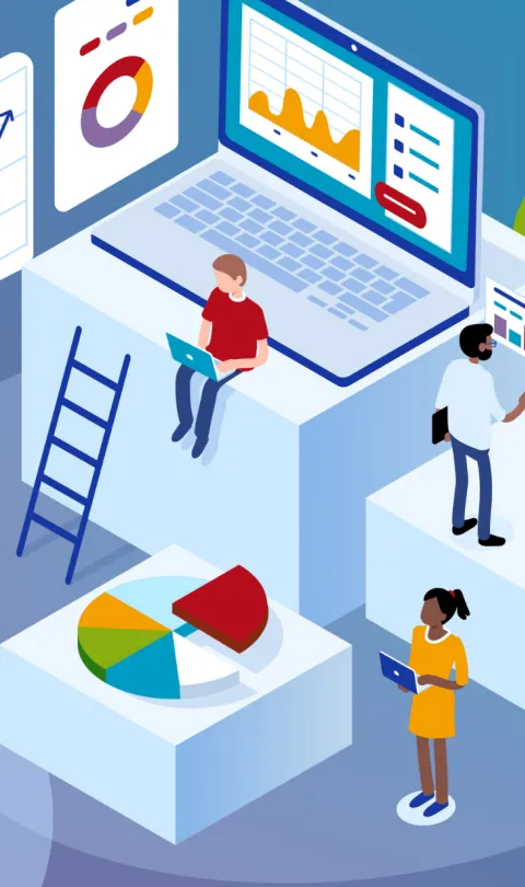 Graphic illustration of four people working on data collection and analysis