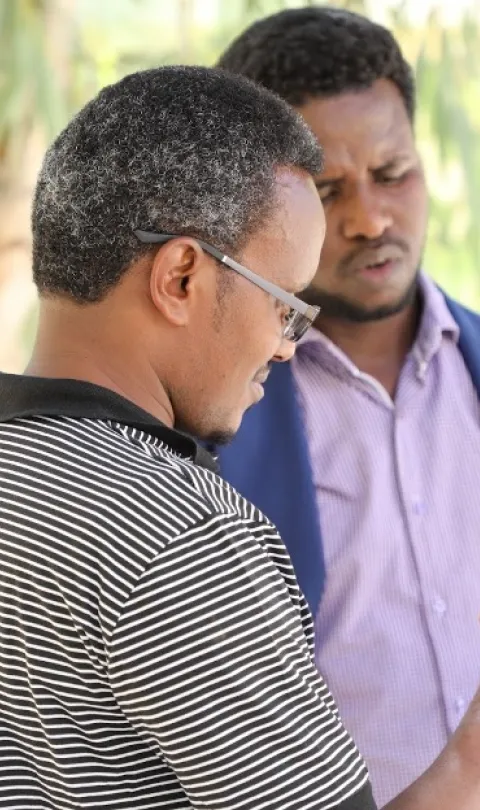 Two men standing in front of trees looking at mobile phones.